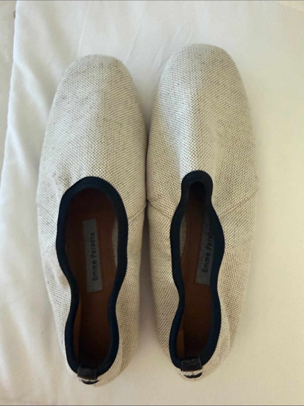 Emma Parson Cream Canvas Slip-On Loafers with Black Trim, leather lined